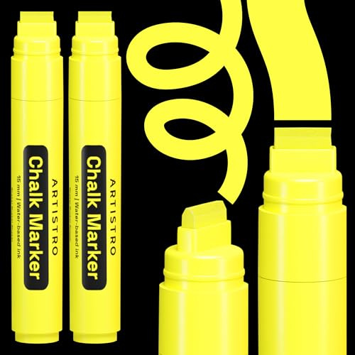 ARTISTRO 2 pennarelli a gesso liquido Jumbo gialli – 15 mm neon cancellabili per finestrini, per auto, lavagna, vetro, bistrot, facili da cancellare, ideali per la porcellana