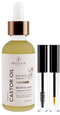 PROLIXIR Organic Castor Oil 60mls with Biotin & Vitamin E - Growth Serum for Eyebrows, Eyelashes, Hair, Nails & Skin - Cold Pressed, 100% Pure, Vegan, Cruelty Free - Mascara kit with Pipette and Wands