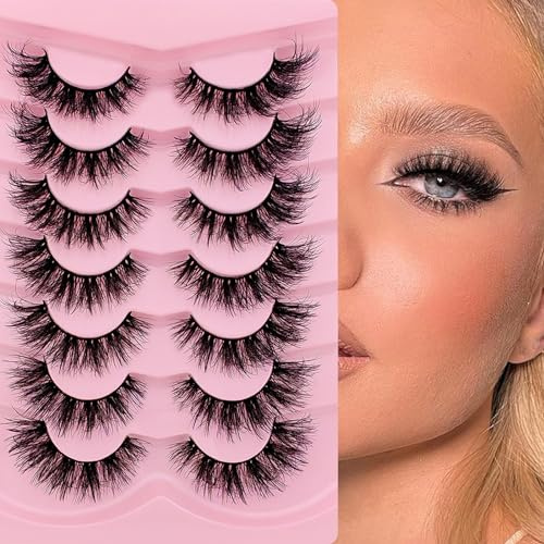 7 Paare 3D Falsche Wimpern Katzenauge, Flauschiges Volumen Curly Cat-Eye Künstliche Wimpern Natürlich Look, Wiederverwendbar Handgemacht Faux Mink Make-up-Wimpern(7P-XK05)