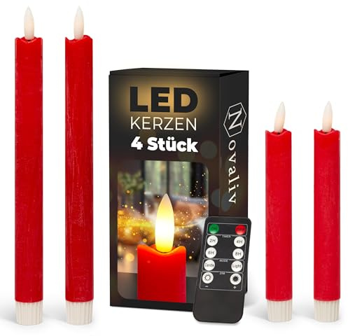 Sparset Stabkerzen LED mit Timer Klein+Groß ROT 4 Stück ROT indoor - 6 Stunden - ECHTWACHS 18cm+23cm Höhe für Kerzen 2,2cm Durchmesser 2 AAA Batterien notwendig LED Stabkerzen flackernde Flamme