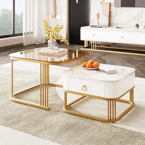 BTM Stapelbarer Couchtisch: hochglänzende Marmoroptik und Teebraun Glasplatte, goldene Akzente, Beistelltisch mit Schubladen. zweiteiliges Set