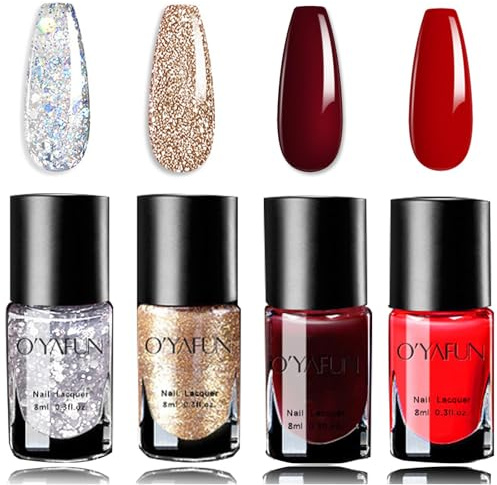 Nail Polish Sets - Red Nail Polish Set - 4PCS Glitter Gold Silver Nail Varnish - Dark Red Nail Varnish - Shiny Glitter Reflective Red Quick Dry Long Lasting Home Manicure Gifts for Women