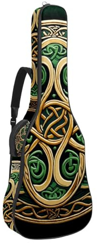 Gitarrentasche für Akustikgitarre mit zwei Taschen, grün, keltisches Nationalornament, wasserabweisend, doppelt verstellbarer Schultergurt, Gitarrentasche, Grüne keltische Nationaldekoration,