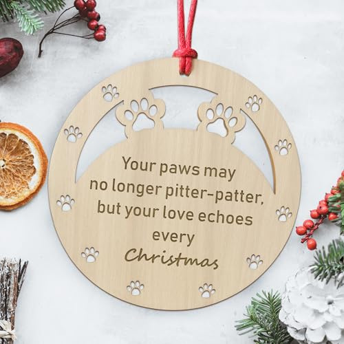 Dog Memory Christmas Wooden Engraved Bauble, Pet Puppy Memorial Xmas Decoration Gift, In Memory Of Cat Dog Pet Animal Ornament, Memorial Christmas Tree Decorations (Pitter Patter)
