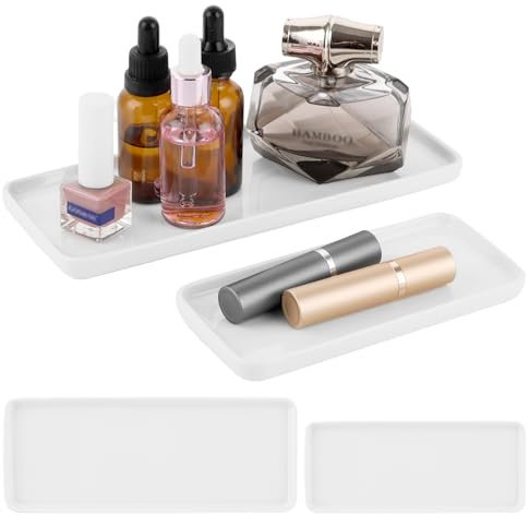 MIVIDE 4 Stück Badezimmer Tablett, Badezimmer Deko 23.5x9.5 cm und 16x7.5 cm, Keramik Tablett Weiß Rechteckig für Kerzen Handtuch Seife im Badezimmer