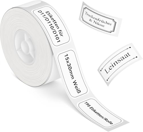 NIIMBOT Etiketten für D110 D11 D101 Etikettendrucker, Selbstklebender Etikettenband 15 x 30mm 195 Etiketten pro Rolle, 1 Rolle Thermo-Etikettenband für Zuhause, Büro, Schule, Weiß