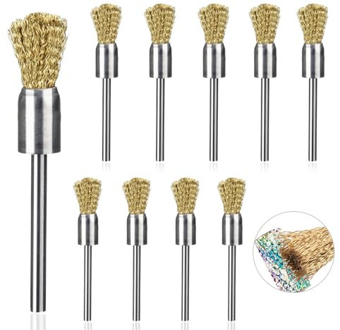 Wire Brush Set, 10 Pcs Small Wire Brush Brass Drill Brushes Metal Brush for Cleaning 3 mm Polishing Steel Brush for Rust Removal DIY Grinding Cleaning Descaling and Deburring
