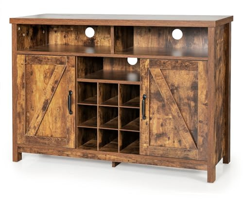 GiantexUK Kitchen Buffet Sideboard, Wooden Storage Cabinet with 9 Wine Compartments, Adjustable Shelves, 2 Doors & 5 Cable Holes, Industrial Display Cupboard for Dining Living Room