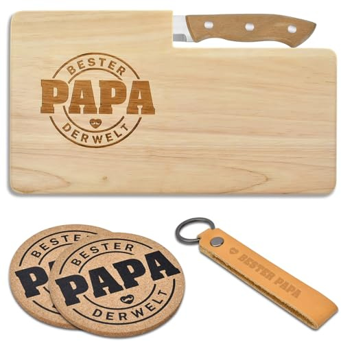 Vatertagsgeschenk für Papa,Geschenkset Frühstücksbrettchen zum Vatertag | (Holzbrett+Schlüsselanhänger+Untersetze),Geschenk Vatertag für Opa Männer,Papa Geschenk Zum Vatertag Weihnachten Geburtstag