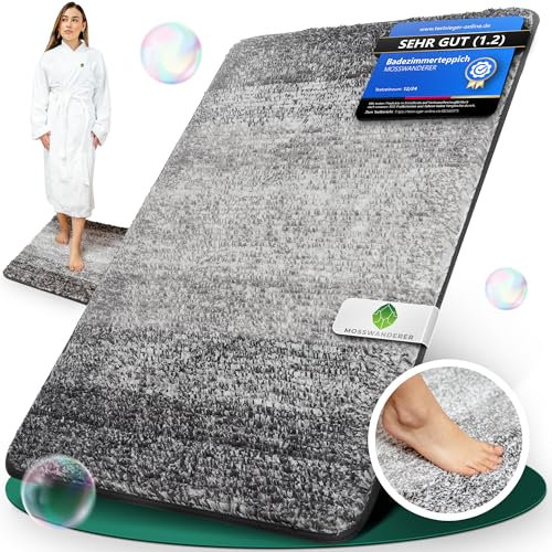 MOSSWANDERER Badezimmerteppich [60x90] Badematte rutschfest – Luxus Badteppich groß & waschbar | Hochwertige Badematten & Badteppiche Badvorleger Duschvorleger für Bad, Dusche & mehr | schwarz-grau