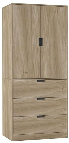 URBNLIVING 2 Door 3 Drawer Black White Oak Grey Modern Wardrobe Furniture with Clothes Hanging Rail Storage Shelf for Home Bedroom Organiser Unit H180cm x W80cm x D50cm