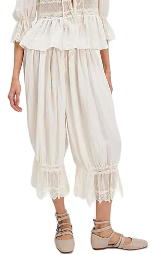 ThiCc Pantalon long bloomer pour femme - Bordure en dentelle - Pantalons victoriens Y2K - Taille élastique - Pantalon de soubrette à volants - Confortable - Capri taille mi-haute pour la maison et la