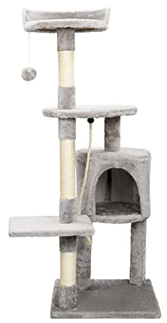 Kratzbaum für Katzen, 112 cm, mit Höhle, Plattformen und Liege, vollständig umwickelt mit Sisal, Kletterturm, Aktivitätskratzbaum, grau