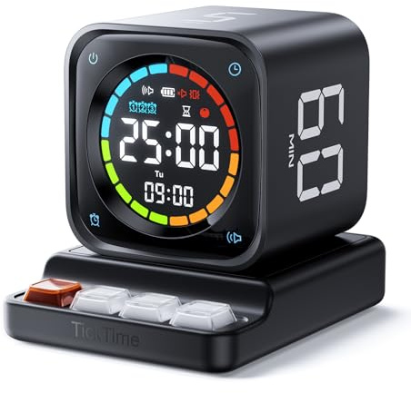 Ticktime TK3 Pomodoro Timer Cube für Fokus, Lernen, Arbeit, ADHS, Küche | Pomodoro-Timer, Schneller Flip-Countdown 5/10/30/60 min, Custom Timer & Stoppuhr, Klares Display, 3 Erinnerungen, Akku, Uhr