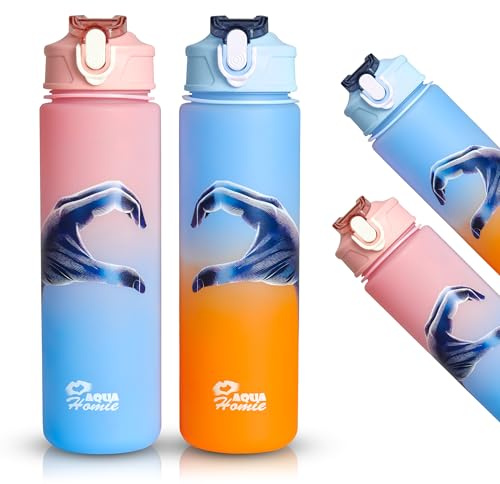 Pack of 2 Water Bottle with Straw 750ml – Leakproof BPA Free Sports Water Bottle for Gym, School & Travel – Motivational Drinking Bottle with Time Markings for Kids & Adults(Blue-Orange/Pink, 750ml)