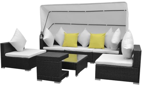 Qnhdfrt Garten Lounge Set Schwarz 7 teilig mit Sonnendach PE Rattan Sofa Sitzgruppe Outdoor für Terrasse Balkon und Garten