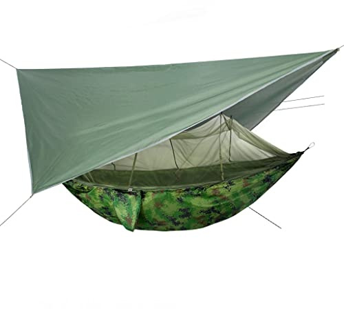 Hamaca doble de camping con lona impermeable y mosquitera, equipo portátil de nailon para exteriores, lona de buey 400D duradera para acampar y mochileros