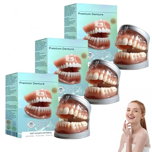 Vollprothesen, Premium-Vollprothesen, maßgefertigte Silikon-Zahnprothesen für Ober- und Unterkiefer, weich und bequem, perfekte Passform für Männer und Frauen (3pcs)