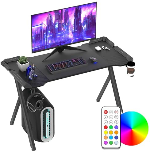YRHome Bureau de gaming LED avec structure en Y - Stabilité grâce à des pieds antidérapants - Table de gaming avec éclairage RGB et télécommande - Bureau d'ordinateur avec support pour casque et