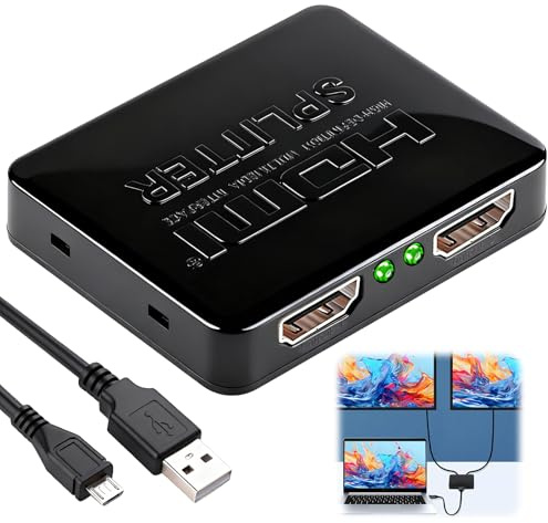 Splitter HDMI 1 Entrada 2 Salidas, Soporta 4k 3D 1080p Divisor HDMI 1 in 2 out con Cable Alimentación Micro USB, Distributor 1 Entrada 2 Salidas para Monitor Doble Xbox PS4 PS3 HDTV Proyector
