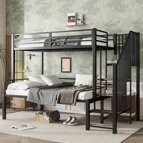 BXEYXE Eisenbett, Etagenbett, Geeignet für Kinder und Jugendliche, Eckleiterschrank mit Stauraum, Eisen+MDF, Schwarz+Vintage-Holzfarbe, 90x200cm&120x200cm