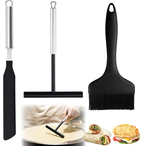 Aieraczy Set of 3 Crepes Distributor Stainless Steel, Crepes Spatula, Cooking Brush and Pancake Dough Distributor T-shape for Crepes Maker Accessories, Kitchen Baking, Cooking Baking Tools