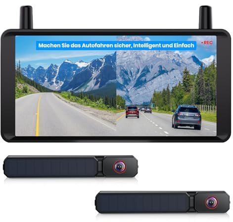 AUTO-VOX Dual Rückfahrkamera Kabellose Solar : 6 16:9-HD Display, Zwei Antennen Starkes Signal, Split-Screen-Anzeige mit Ausgewogenen Doppelbildern Geeignet für Pkw, SUVs, LKW, Anhänger