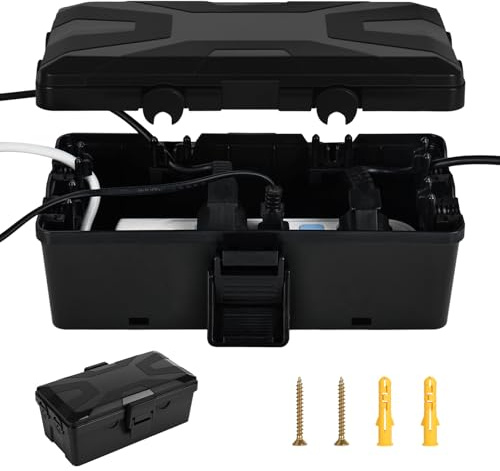 Trendecor IP54 Kabelbox Wasserdicht, 26x15x9.4cm Wasserdichte Box 6 Kabeleingänge und Ausgänge für Verlängerungskabel Steckerschutz Wasserdichte Kabelbox Schwarz