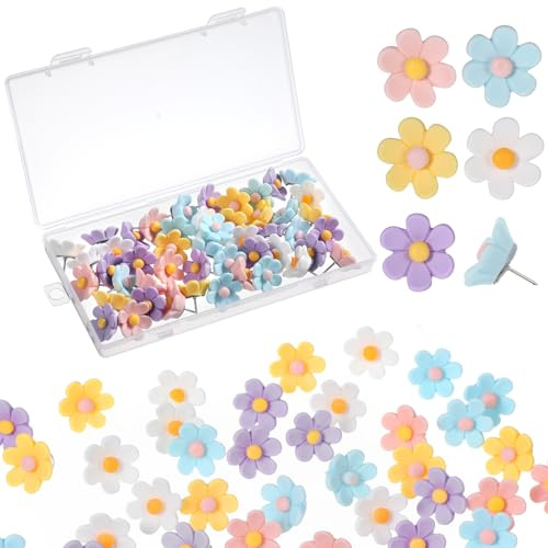 TIESOME 50 st matta blomstift för anslagstavla, färgglada harts söta ritstift tumstift dekorativa blommor tryckstift för hantverk korkbräda anslagstavlor foton väggkarta stift