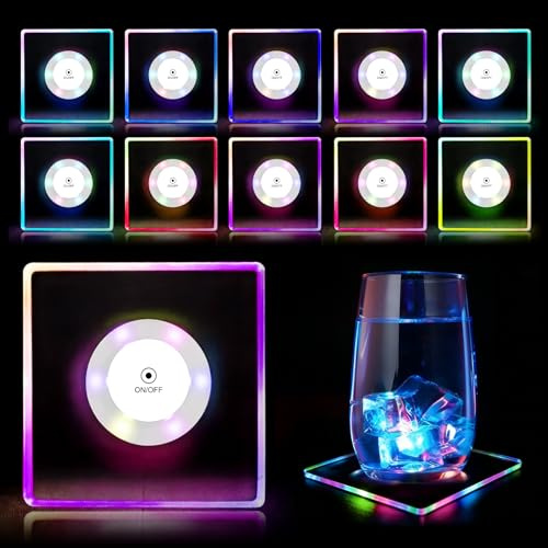 12 Stück Bunt LED Untersetzer, Leuchtende Untersetzer Ø 10 cm, 7 Farbe & 3 Beleuchtungsmodi, Acryl Rund wasserdichte Leuchtuntersetzer für Gläser Flaschen Party (Quadratisch)