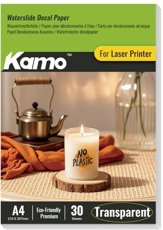 Kamo Water Slide Film Transparent A4 for Laser Printers - 30 Sheets Decal Film for Ceramics, Glass, Cups, Candles, Plastic and Model Making DIY Projects
