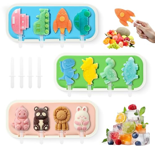 Eis Am Stiel Formen 3 Stück Silikon Eisformen Eis Am Stiel 12 Motive | mit Deckel Stielen Wiederverwendbare Eis Selber Machen Formen mit Dinosaurier Tier Fahrzeug Motiven für DIY Eiscreme