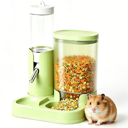 Hamster Water Bottle and Food Dispenser with Stand, 2-in-1 Automatic Feeder for Syrian Hamster and Guinea Pig, No Drip Leak Proof Small Animal Cage Accessories