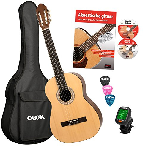 CASCHA HH 2043 NL Konzertgitarre 4/4 Bundle, Fichtendecke, inkl. niederländischer Gitarrenschule mit CD+DVD, Stimmgerät, gepolsterte Tasche mit Notenfach und Rucksackgarnitur, 3 Plektren, Natur Matt