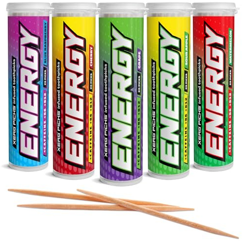 Xero Picks palillos de dientes con sabor a energía con cafeína, B12 y B6 (paquete variado, 20 unidades (paquete de 5))