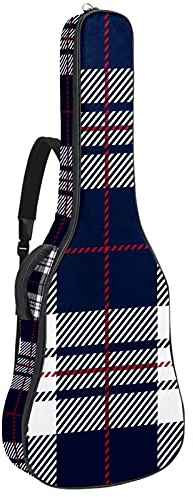 Tasche für Akustikgitarre, 107 cm, stoßfest, dick gepolstert, für Bass, Folk-Gitarre, Konzertgitarre, Marineblau / Weiß kariert