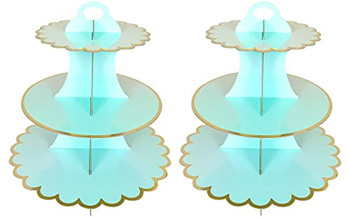 Leismy 2 CONFEZIONE Supporto per torta in cartone, supporto per cupcake a 3 livelli in carta, torta rotonda per dessert, supporto monouso per pasticceria per compleanno, tè pomeridiano, matrimonio