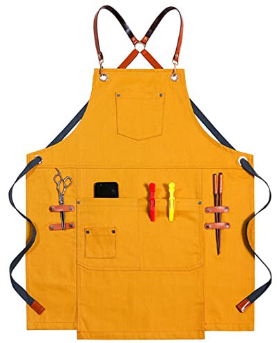 fayengan Arbeitsschürze Herren,Robuste Werkzeugschürze Für Männer, Arbeitsschürze Mit Werkzeugtaschen Für Küche, Garten, Keramik, Werkstatt, Garage Und Mehr (Color : Yellow, Size : XL)