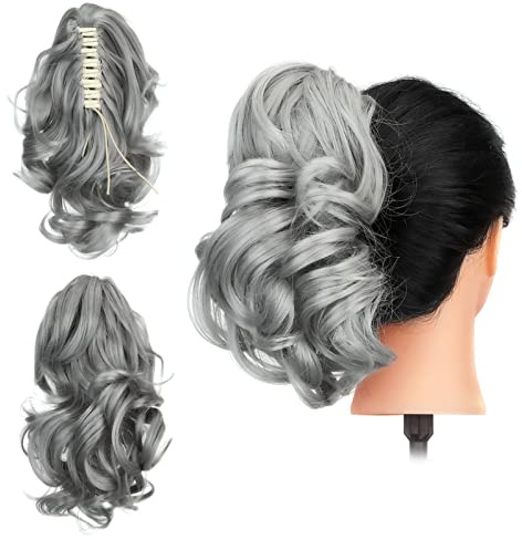 Gairyan 30cm Pferdeschwanz Haarteil Zopf Extensions Lang Lockige Claw Clip in Ponytail Extensions Synthetik Haare Extensions Gewellt Haarteil Haarverlängerung für Frauen (Dunkelgrau)