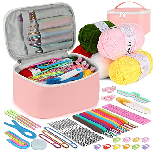 Coopay Häkelset für Anfänger Erwachsene, 58 Stück Häkelnadel Set Inklusive TPR Griff Häkelnadeln, Spitze Häkelnadel, Wolle und Häkelzubehör, Komplettes Häkelnadelset mit Tasche, Rosa