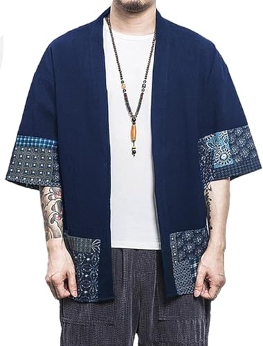 PERDONTOO Sommarjacka mode herr jacka kofta par kimono kappa casual korta ärmar säckig toppar, blå, L