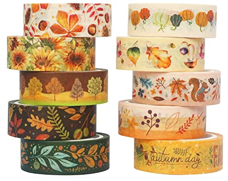 YUBX Washi Tape Set Herbst Masking Tape VSCO Dekoratives Klebeband Bunt für DIY Handwerk Bullet Journals Planer Scrapbooking Verpackung (Autumn 10)