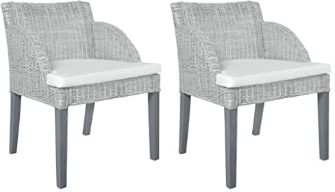 vidaXL Esszimmerstühle mit Kissen 2 STK., Esszimmerstuhl mit ovalen Armlehnen, Essstuhl Stuhl Esszimmer Küche, Küchenstuhl Sessel Rattanstuhl, Grau Natur Rattan