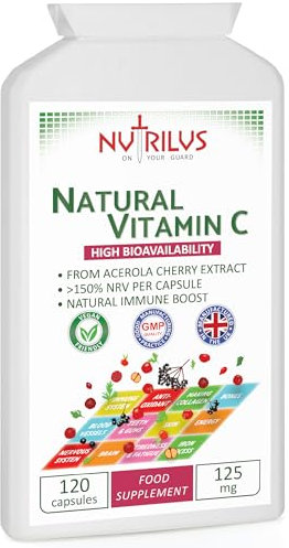 Nutrilus Natural Vitamin C Capsules from Acerola Cherry 500mg Extract - High Bioavailability Supplement - not Ascorbic Acid - Fruit and Herbs Extracts - not Tablets (120 Capsules)