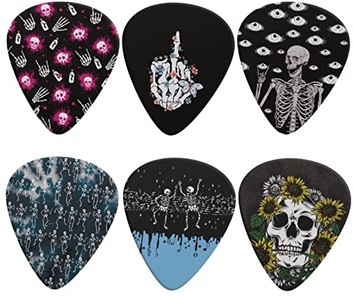 Jeiento Cool Skull Gitarrenplektren, klassisches Dreieck, 0,96 mm, schwere Gitarrenplektren für Bass, Akustik- und E-Gitarren, 6 Stück