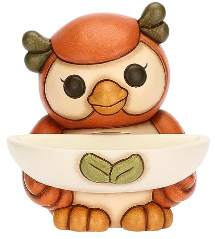 THUN, Gufo Lucky con Vassoio Portatutto in Ceramica Decorata a Mano, Linea Racconti d'Autunno, 16.3x13.2x14.5 cm h
