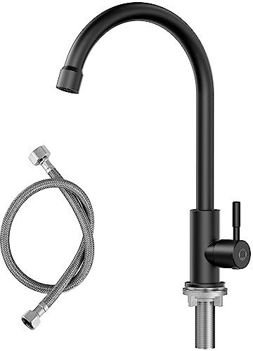 CECIPA Grifo Cocina Solo Negro con Agua Fría, Grifos Cocina Fregadero Negro con Manguera de 60 cm X 1, Grifo de Cocina Fregadero con Tuerca de Acero inox 304, Grifo Agua Fría Negro