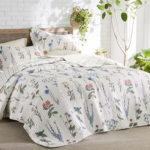 Bedsure Floral Quilt Twin Size - Reversible White Floral Comforter, Spring Lightweight Bedspread Quilt Bedding, Soft Microfiber Coverlet for All Seasons (68x86)