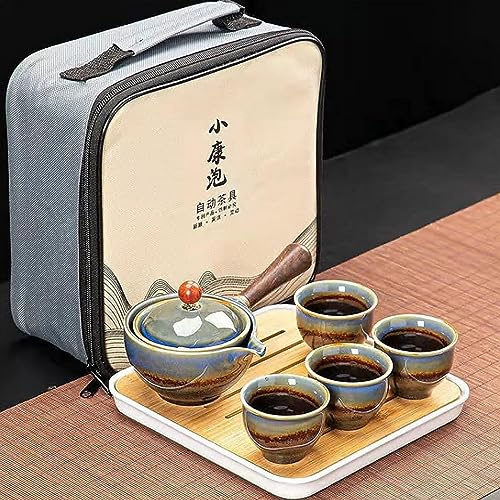 Scizorito Keramik Portable Travel Tee Set, chinesischer Kungfu Tee Set mit 360-Rotation Teekanne und Infuser, 4-Teetassen, Tee Tablett und Reisetasche (Guan-Ofen)