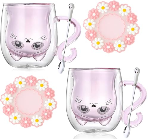 Arawat 2 Set Katzen Tasse Rosa Glas Doppelwandige Gläser Katze mit Pink Henkel Kaffeetasse mit Löffel & Untersetzer Kaffeebecher Tassen Katze Gläser Teetasse Geburtstag Geschenk für Frauen Freundin